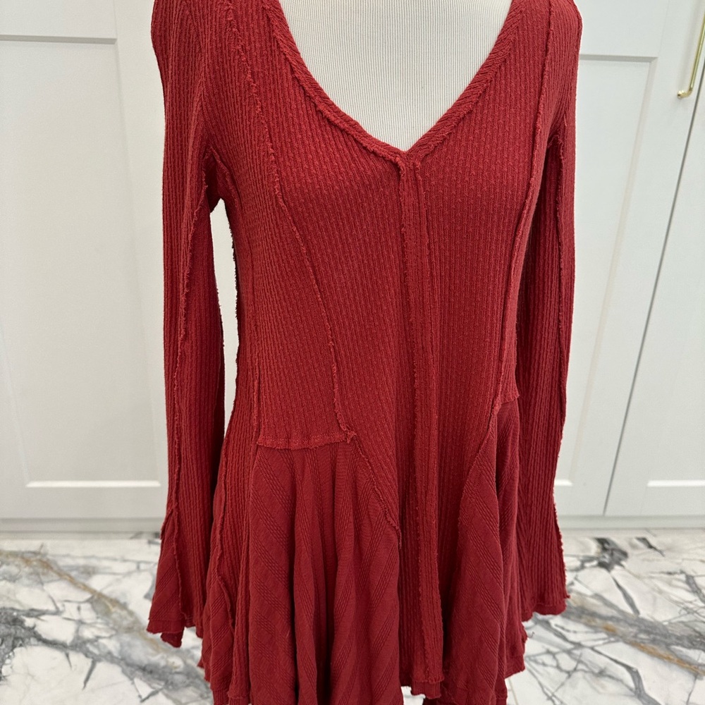 We The Free Brick Red Ribbed V-Neck Tunic